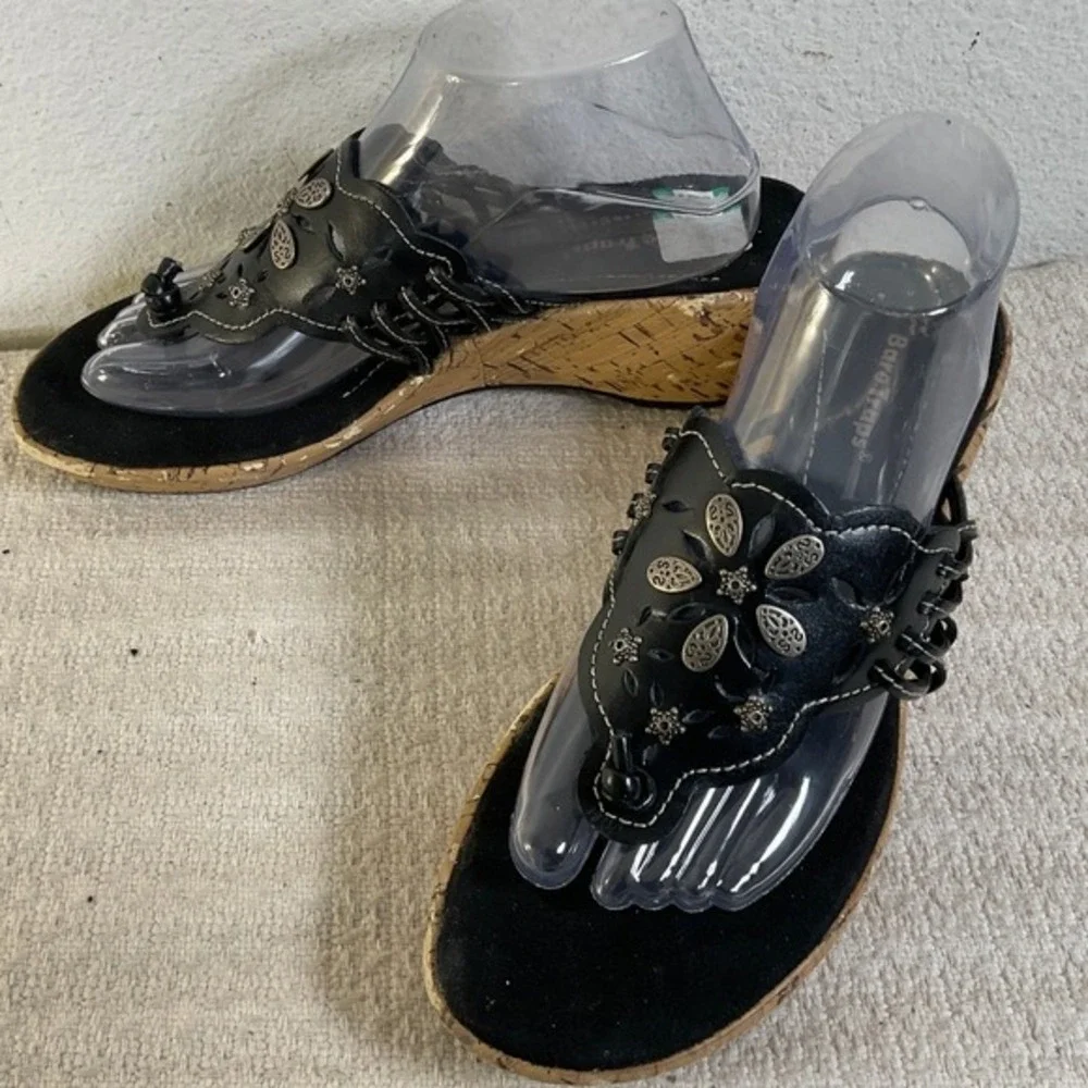 BareTraps Italicize Black Leather Floral Cutout Cork Wedge‎ Sandals Womens 10M